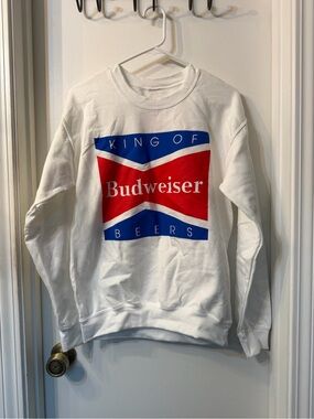 Budweiser White Crewneck Sweatshirt with Red and Blue Logo